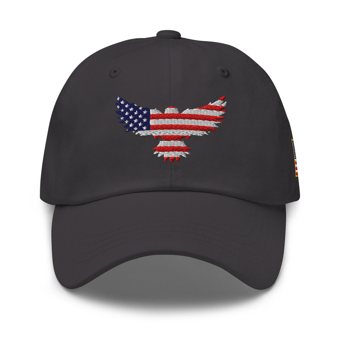 Dark Grey low-profile dad hat with embroidered Old Glory Eagle front design, front view