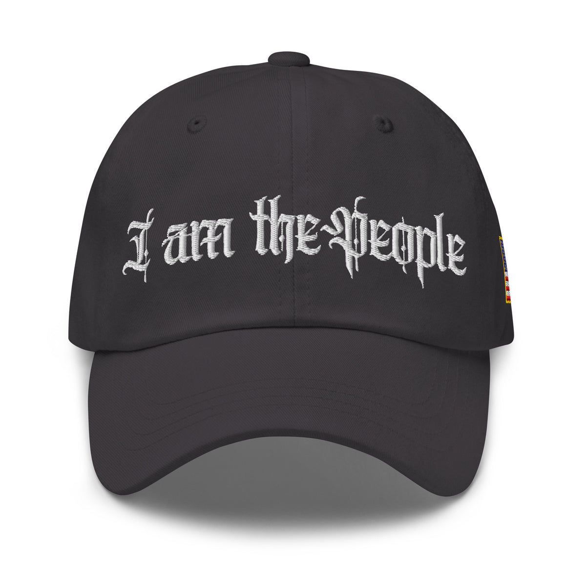 Dark Grey low-profile dad hat with embroidered I Am the People front design, front view