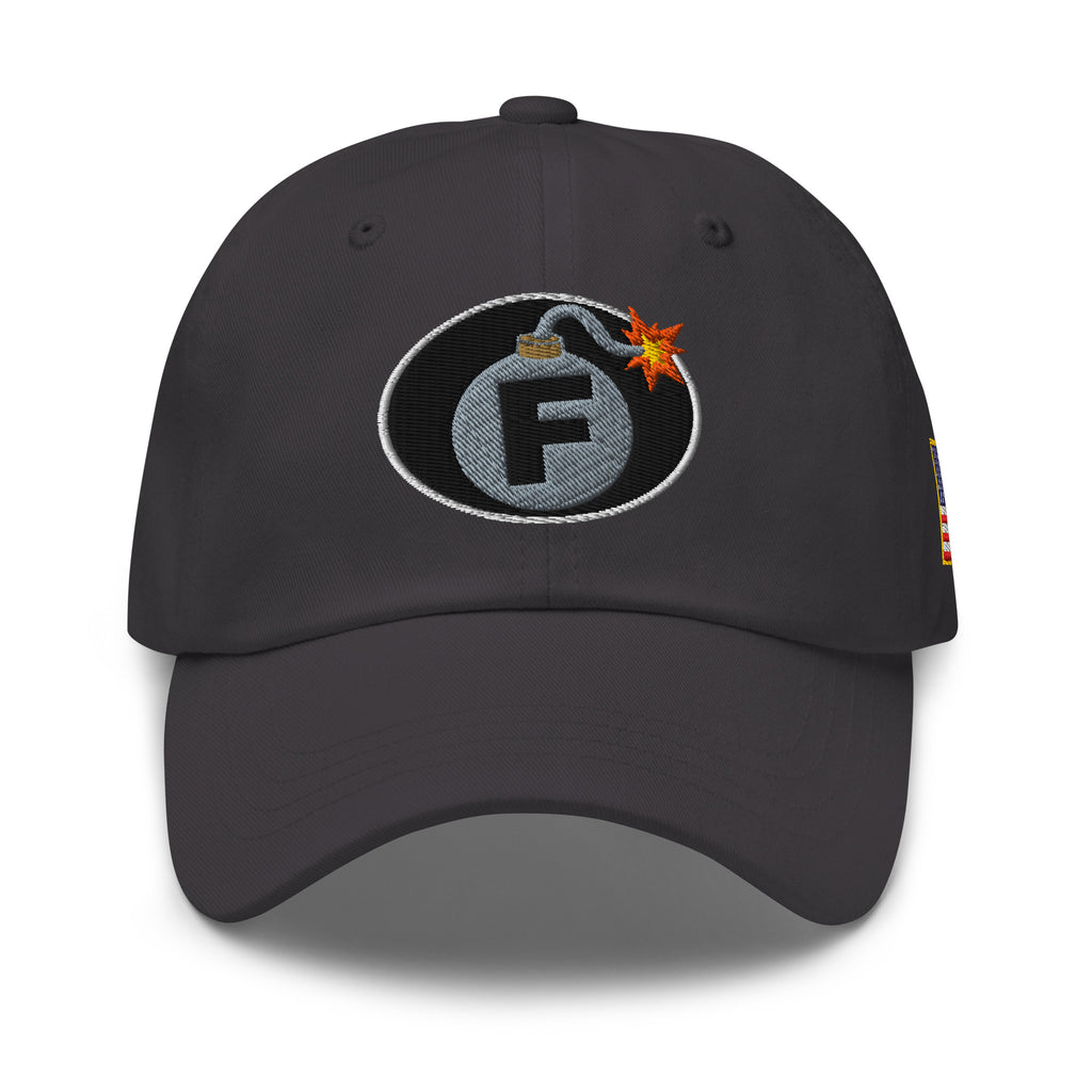 Dark Grey low-profile dad hat with embroidered F-Bomb front design, front view