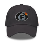 Dark Grey low-profile dad hat with embroidered F-Bomb front design, front view