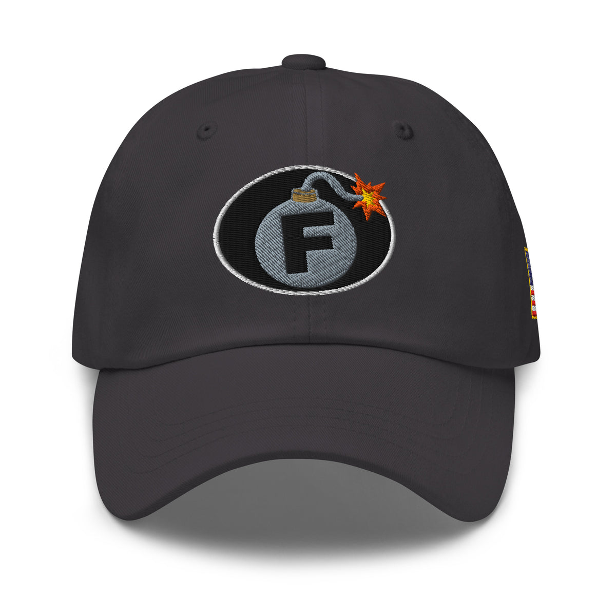 Dark Grey low-profile dad hat with embroidered F-Bomb front design, front view