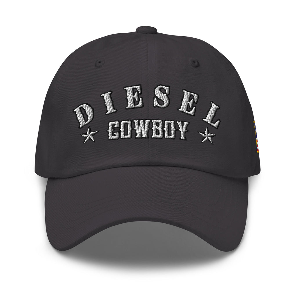 Dark Grey low-profile dad hat with embroidered Diesel Cowboy front design, front view