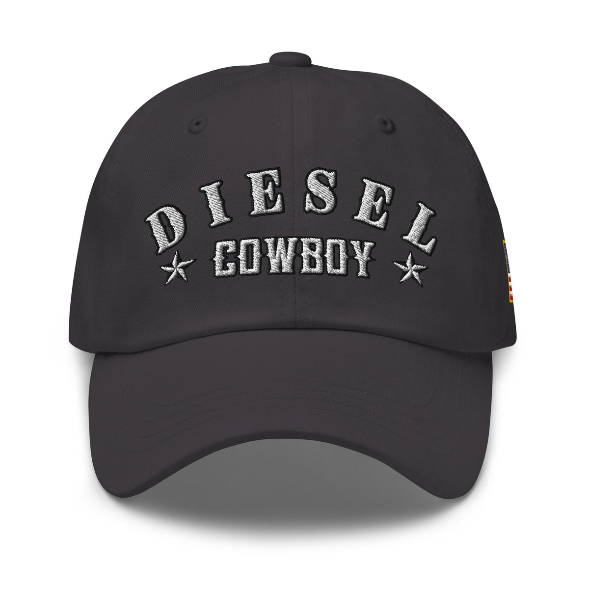 Dark Grey low-profile dad hat with embroidered Diesel Cowboy front design, front view