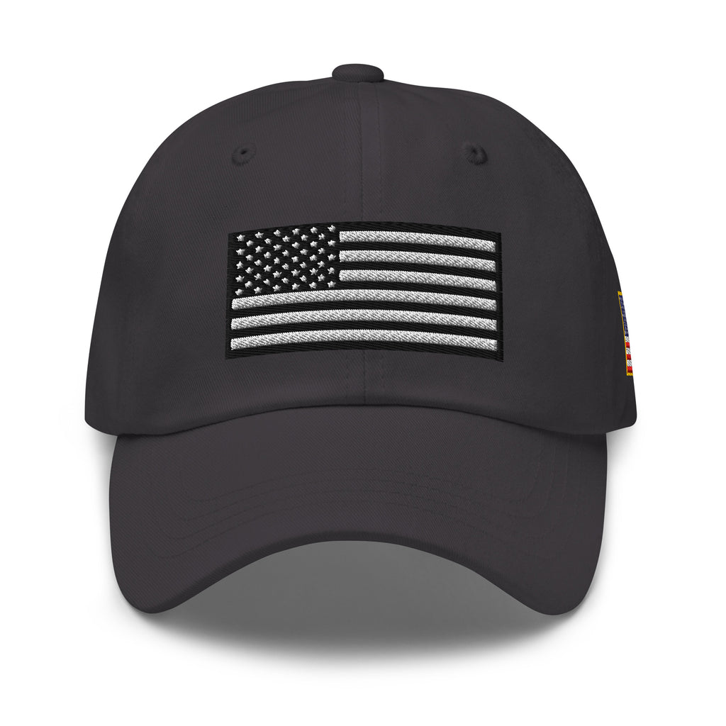 Dark Grey dad hat, front view with Black and White American Flag embroidery
