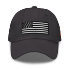 Dark Grey dad hat, front view with Black and White American Flag embroidery