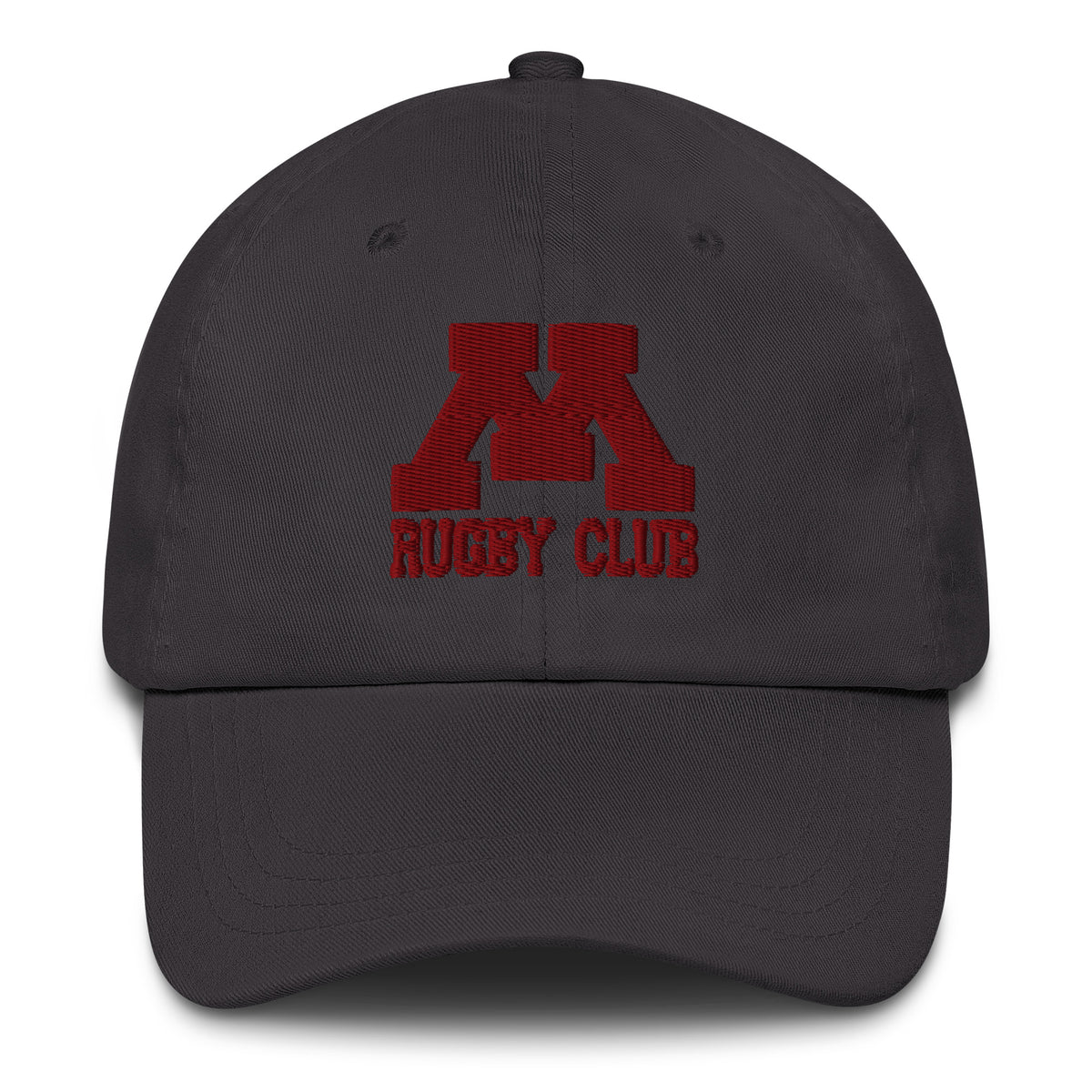 M Rugby Club dark gray dad hat, front view.