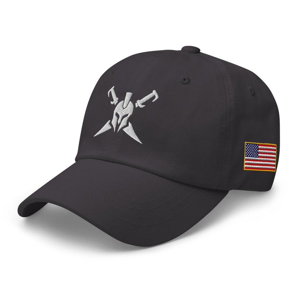 Dark Grey, dad hat, with embroidered Call to Arms, left front view