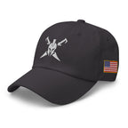 Dark Grey, dad hat, with embroidered Call to Arms, left front view