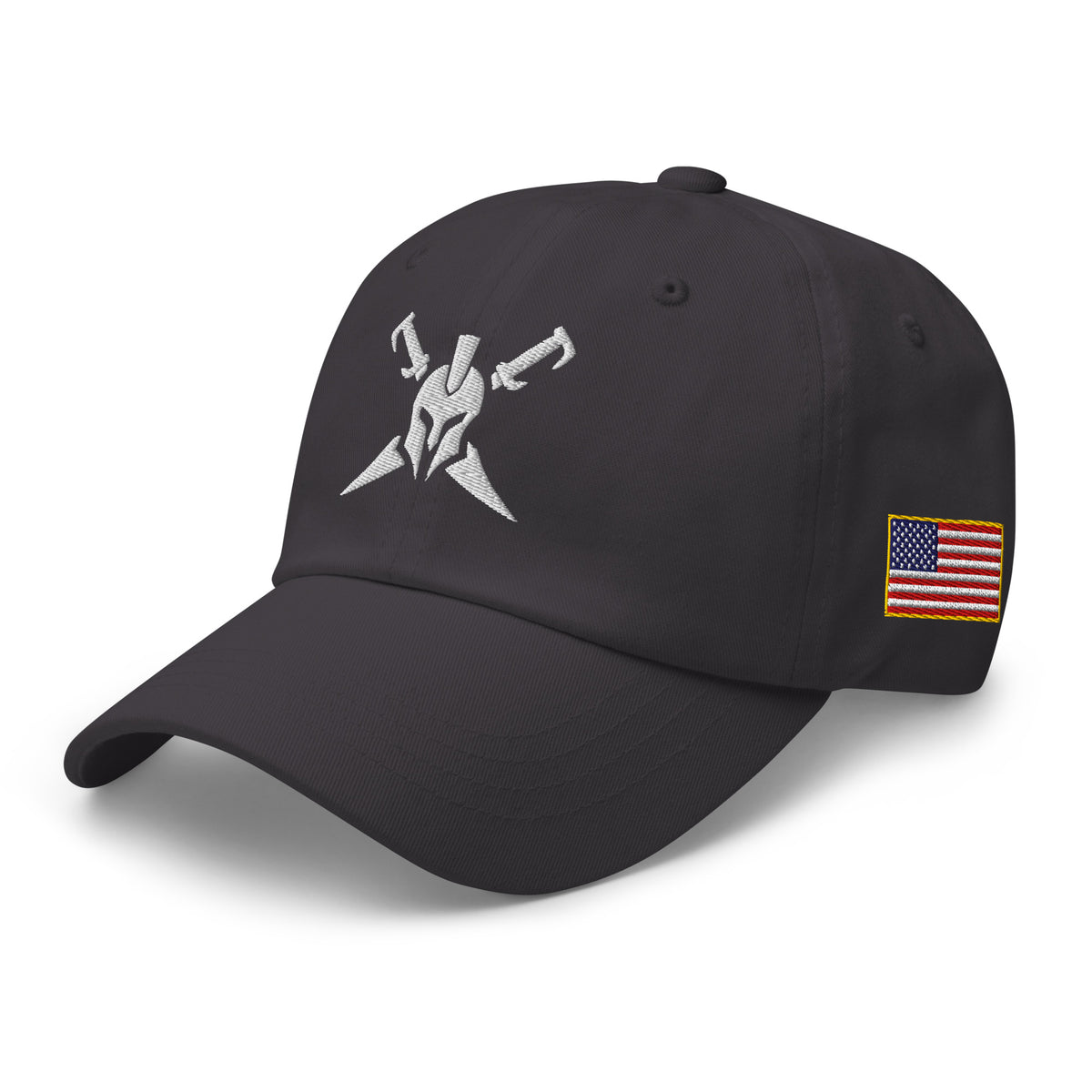 Dark Grey, dad hat, with embroidered Call to Arms, left front view
