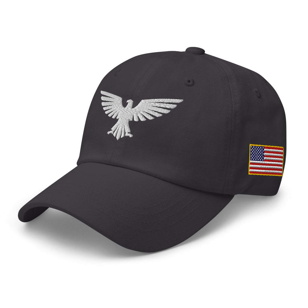 Dark Grey, dad hat, with embroidered patriotic eagle crest, left front view