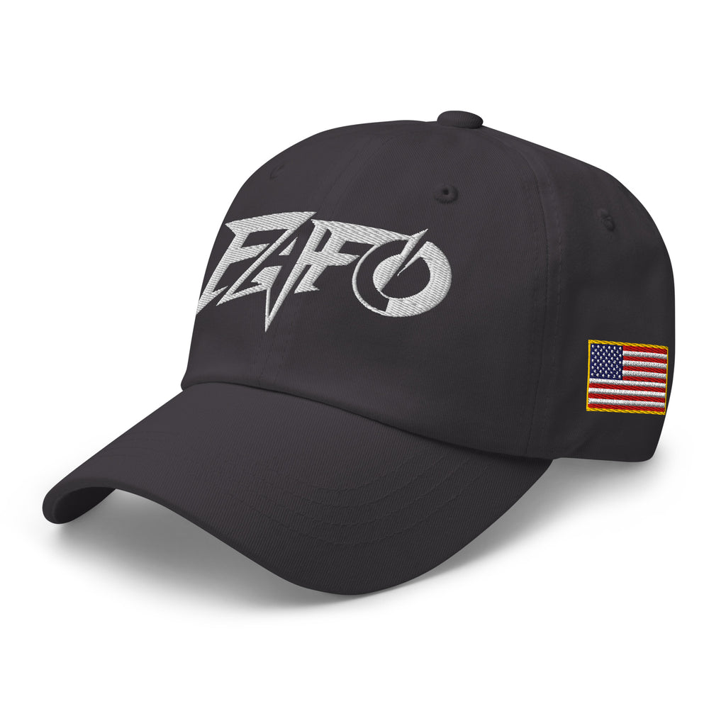 Dark Grey dad hat with embroidered FAFO Power design, left front view