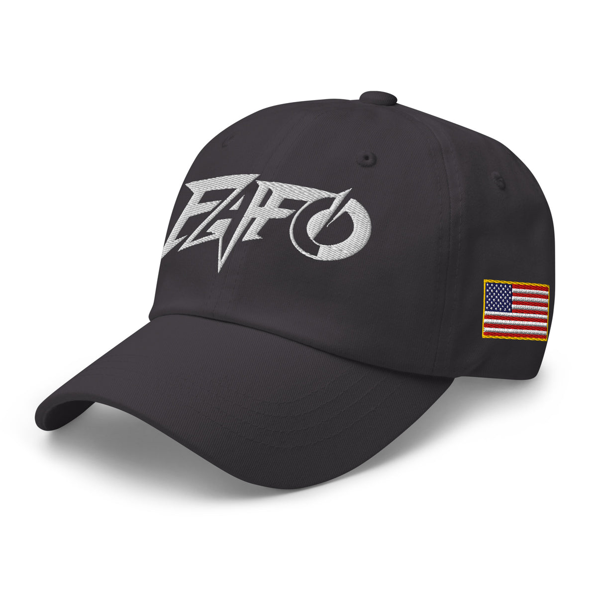 Dark Grey dad hat with embroidered FAFO Power design, left front view