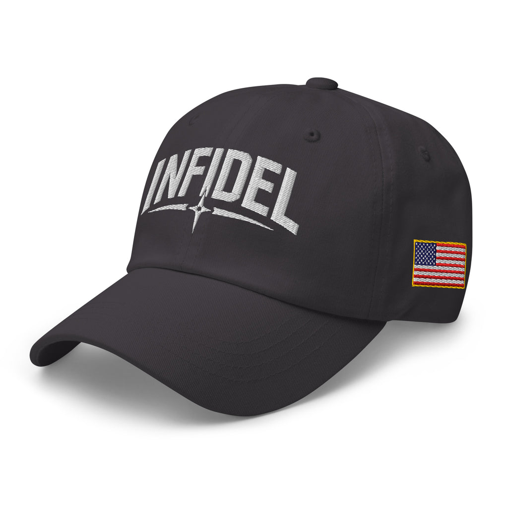 Dark Grey dad hat with embroidered Infidel Spike design, left front view