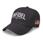 Dark Grey dad hat with embroidered Infidel Spike design, left front view