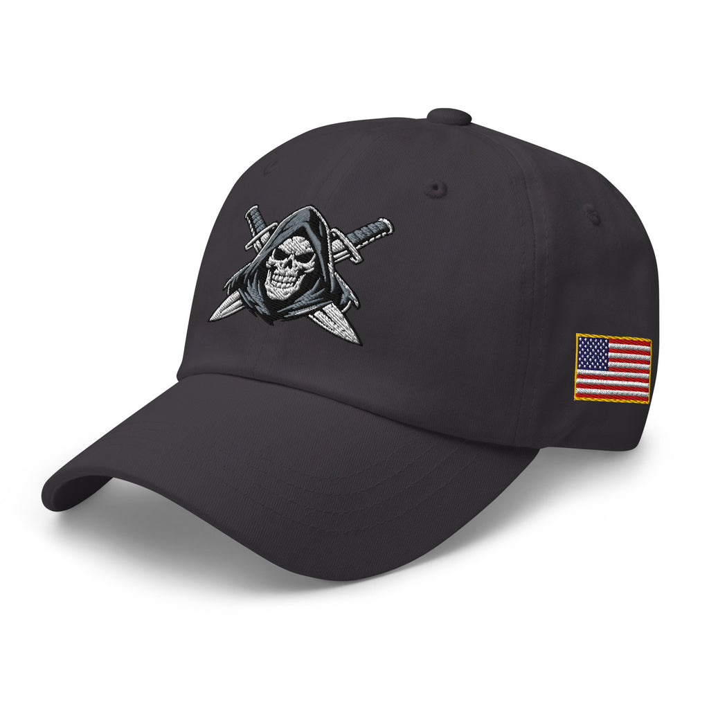 Dark Grey dad hat with embroidered Only Fear Infidel reaper design, left front view