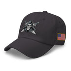 Dark Grey dad hat with embroidered Only Fear Infidel reaper design, left front view