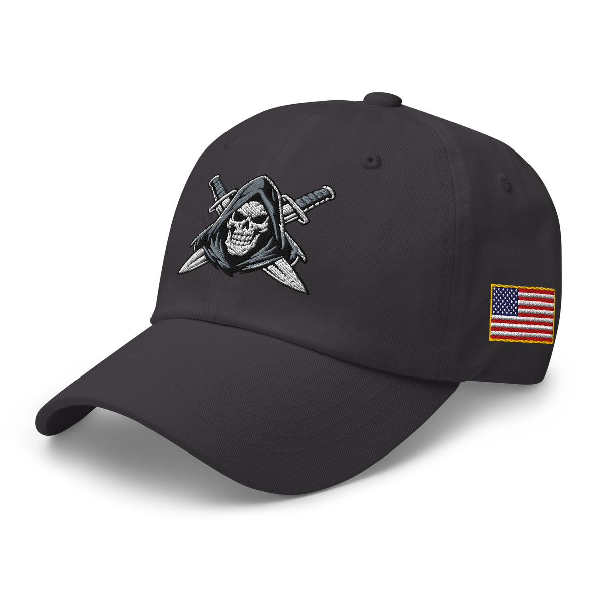 Dark Grey dad hat with embroidered Only Fear Infidel reaper design, left front view