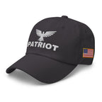 Dark Grey dad hat with embroidered Patriot Eagle design, left front view