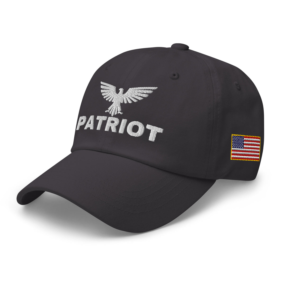Dark Grey dad hat with embroidered Patriot Eagle design, left front view