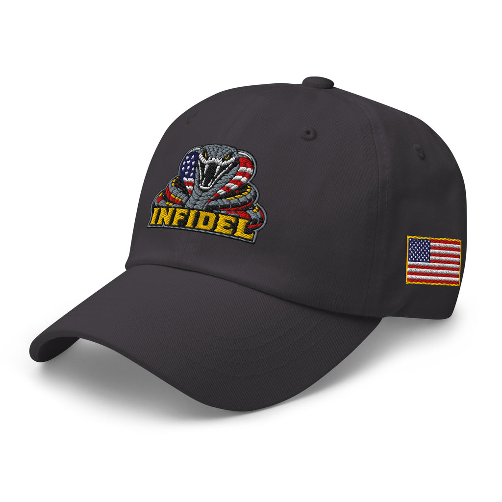 Dark Grey low-profile dad hat with embroidered INFIDEL USA Flag Cobra design, left front view