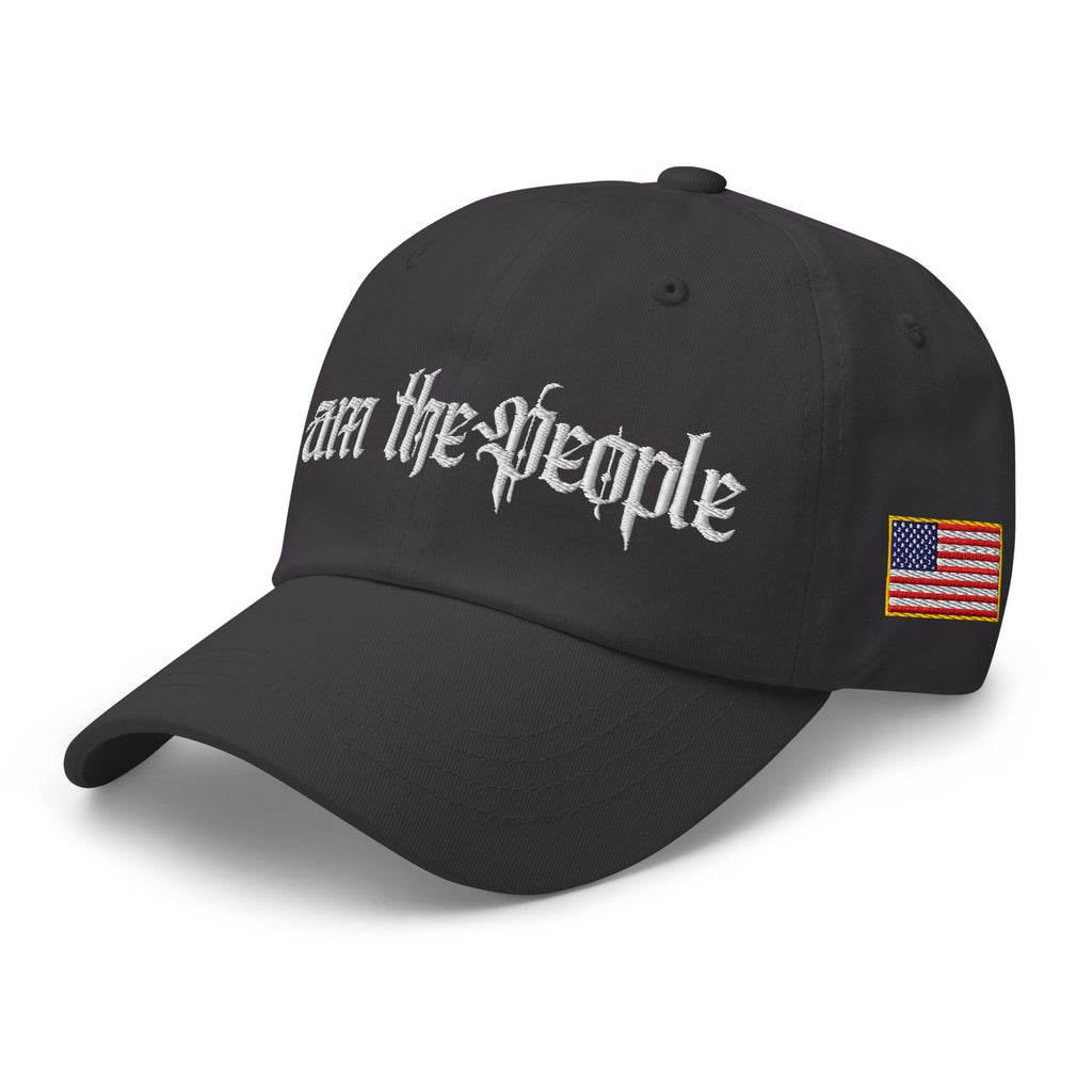 Dark Grey low-profile dad hat with embroidered I Am the People design, left front view