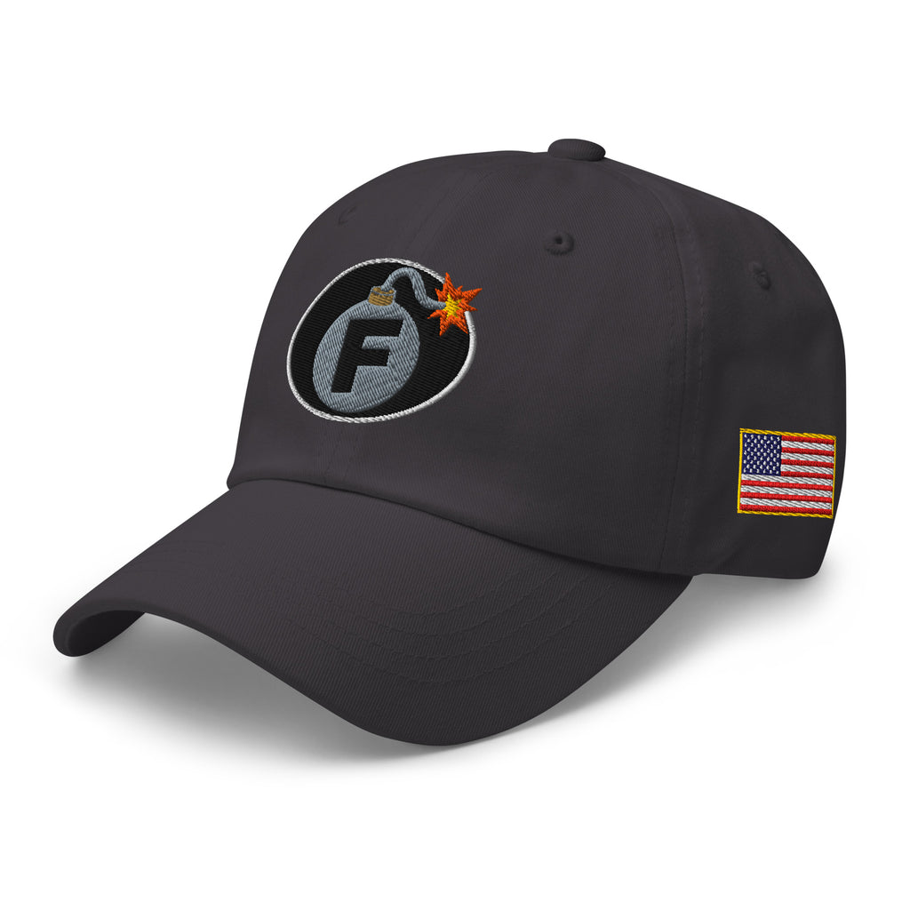 Dark Grey low-profile dad hat with embroidered F-Bomb design, left front view