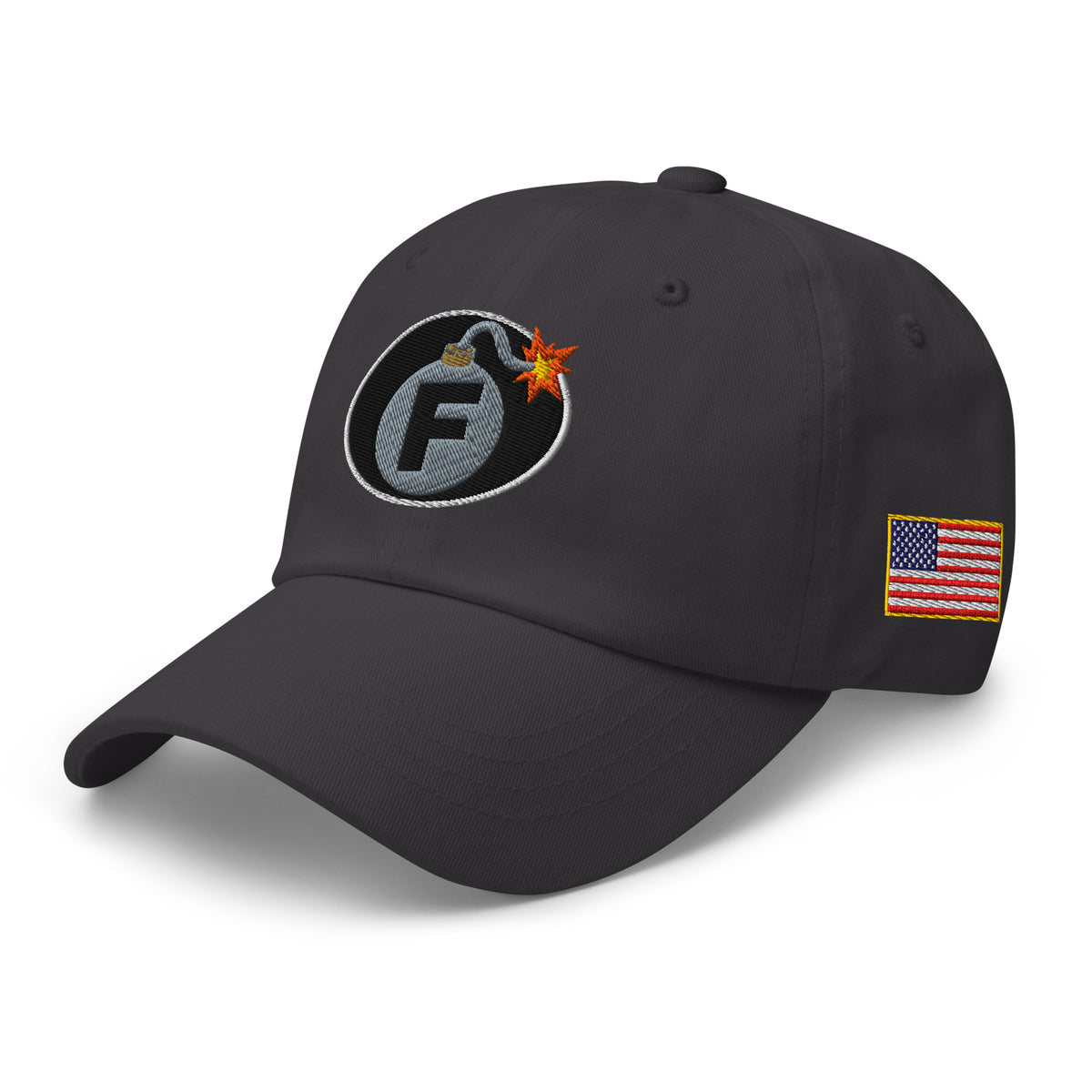 Dark Grey low-profile dad hat with embroidered F-Bomb design, left front view