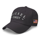 Dark Grey low-profile dad hat with embroidered Diesel Cowboy design, left front view