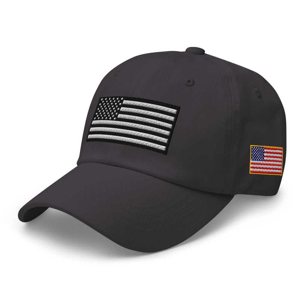 Dark Grey dad hat, left front view with Black and White American Flag embroidery