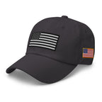 Dark Grey dad hat, left front view with Black and White American Flag embroidery