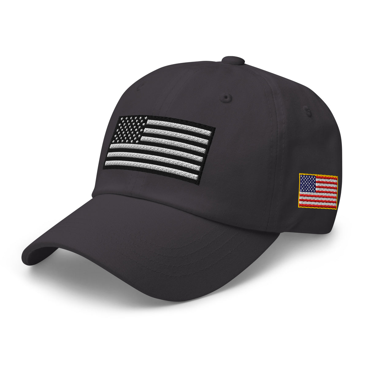 Dark Grey dad hat, left front view with Black and White American Flag embroidery