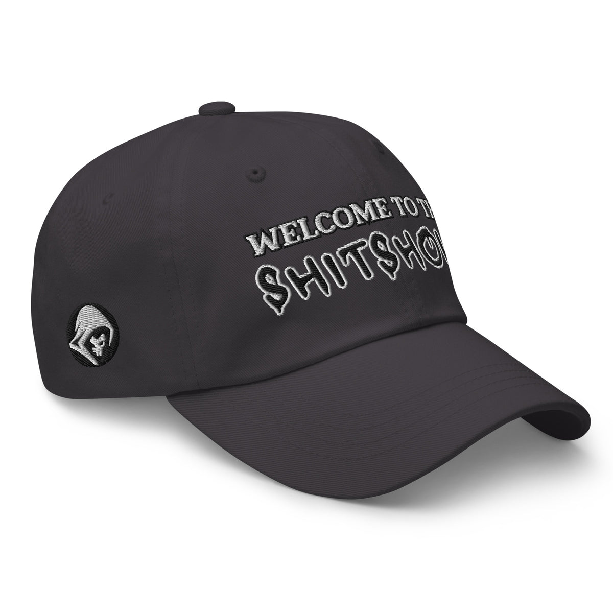 Welcome To The Shitshow Dad hat in Dark Grey, right front view
