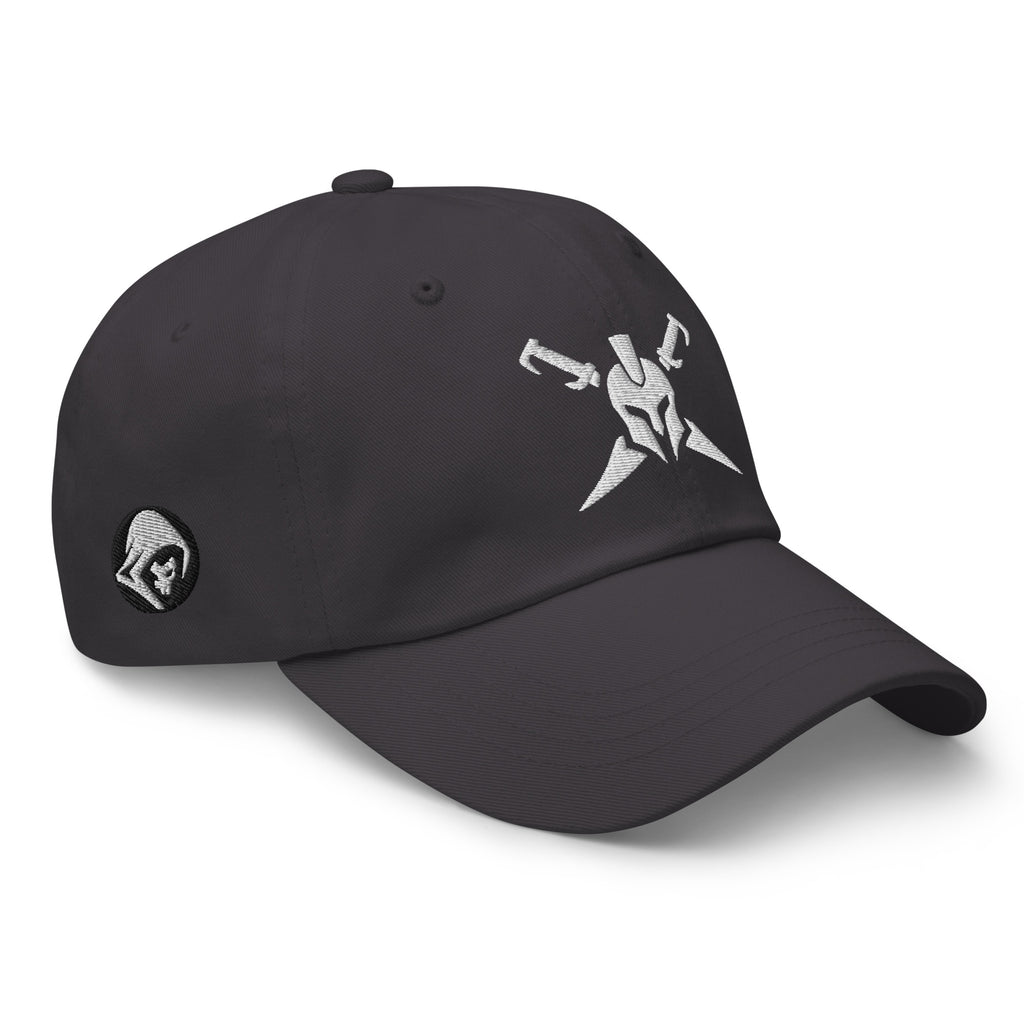 Dark Grey, dad hat, with embroidered Call to Arms, right front view