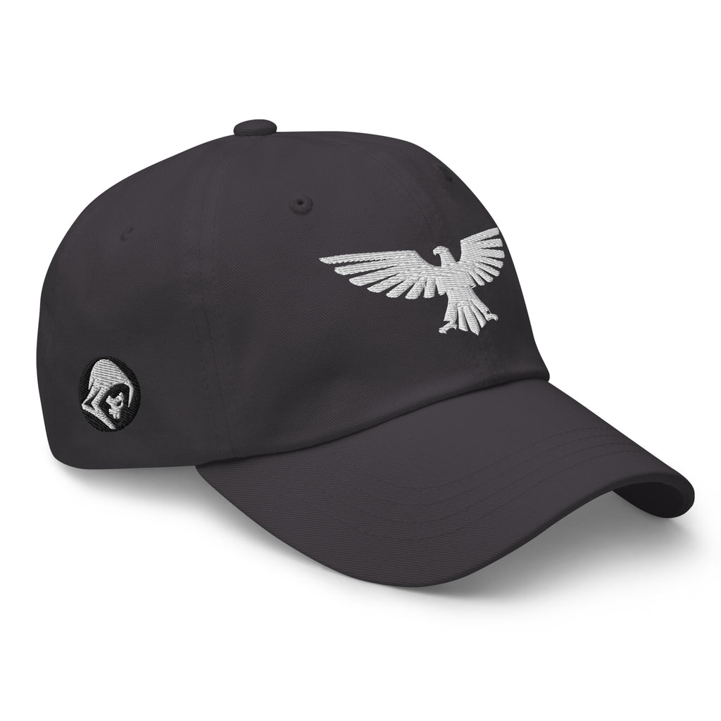 Dark Grey, dad hat, with embroidered patriotic eagle crest, right front view