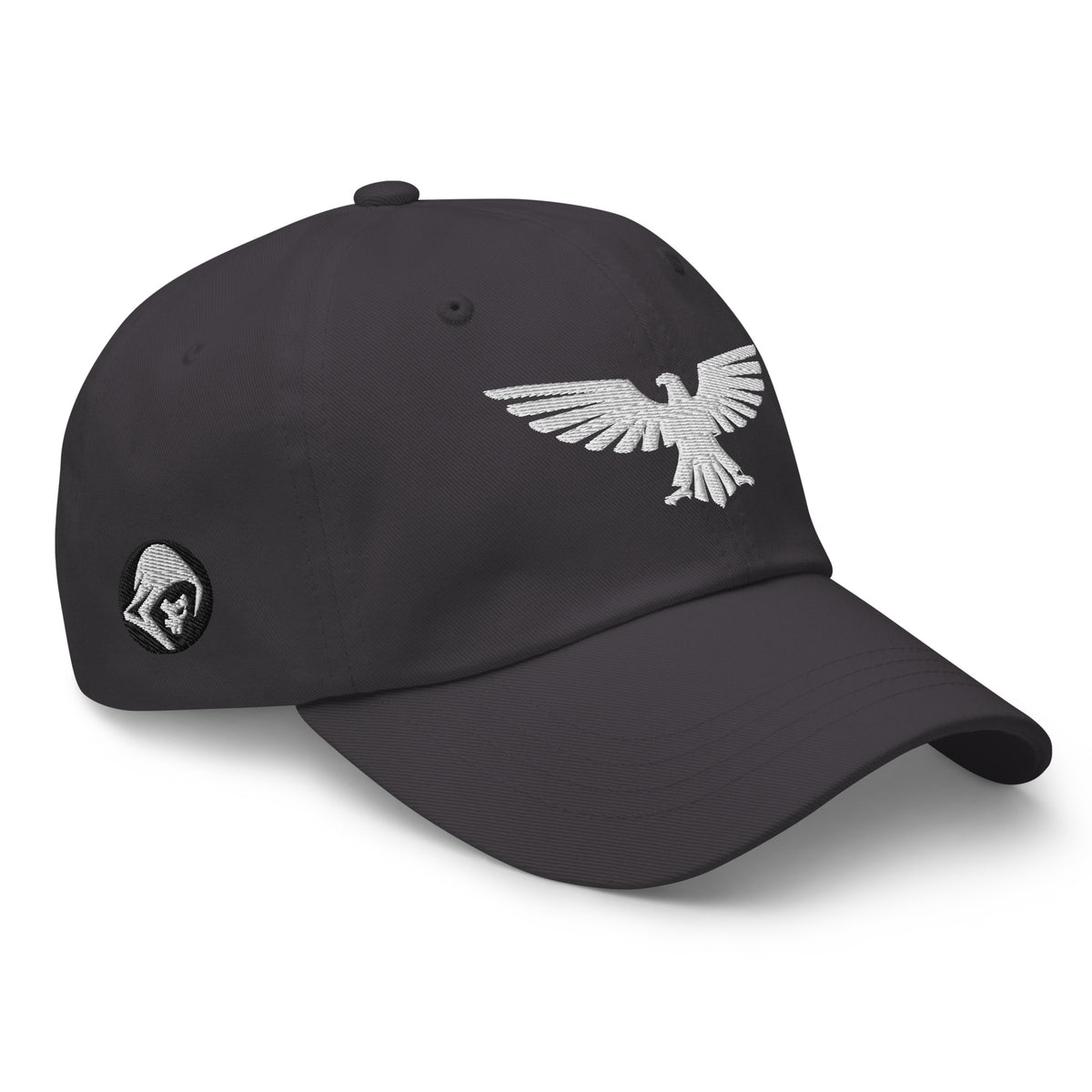 Dark Grey, dad hat, with embroidered patriotic eagle crest, right front view