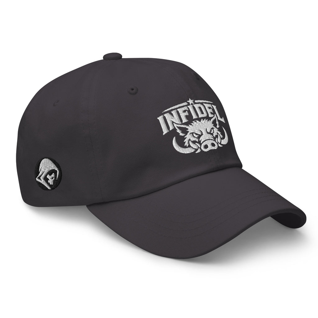 Dark Grey dad hat with embroidered INFIDEL War Pig design, right front view
