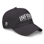 Dark Grey dad hat with embroidered Infidel Spike design, right front view