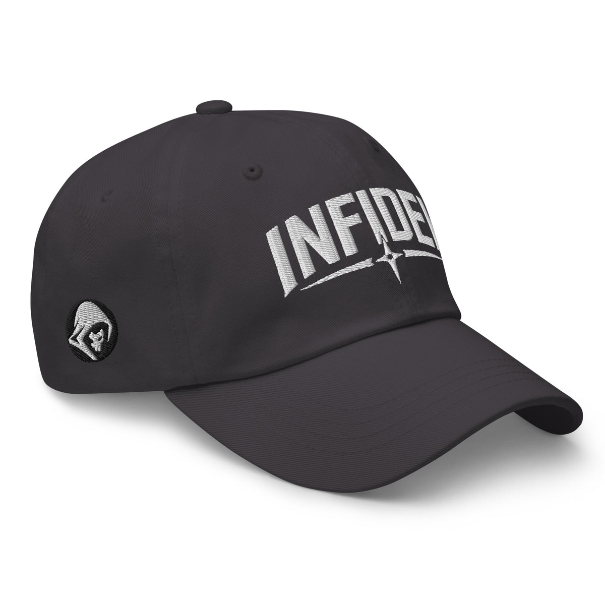 Dark Grey dad hat with embroidered Infidel Spike design, right front view
