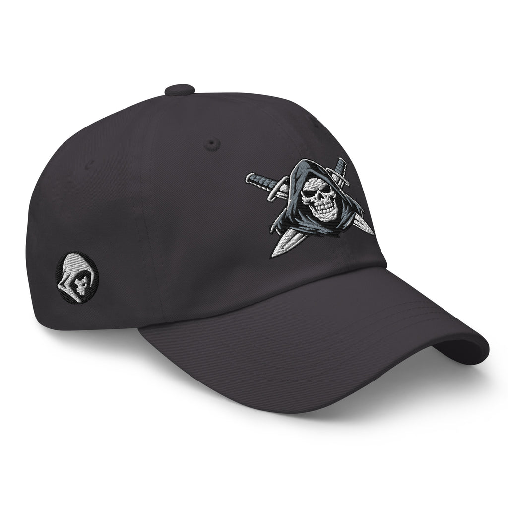 Dark Grey dad hat with embroidered Only Fear Infidel reaper design, right front view