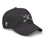 Dark Grey dad hat with embroidered Only Fear Infidel reaper design, right front view