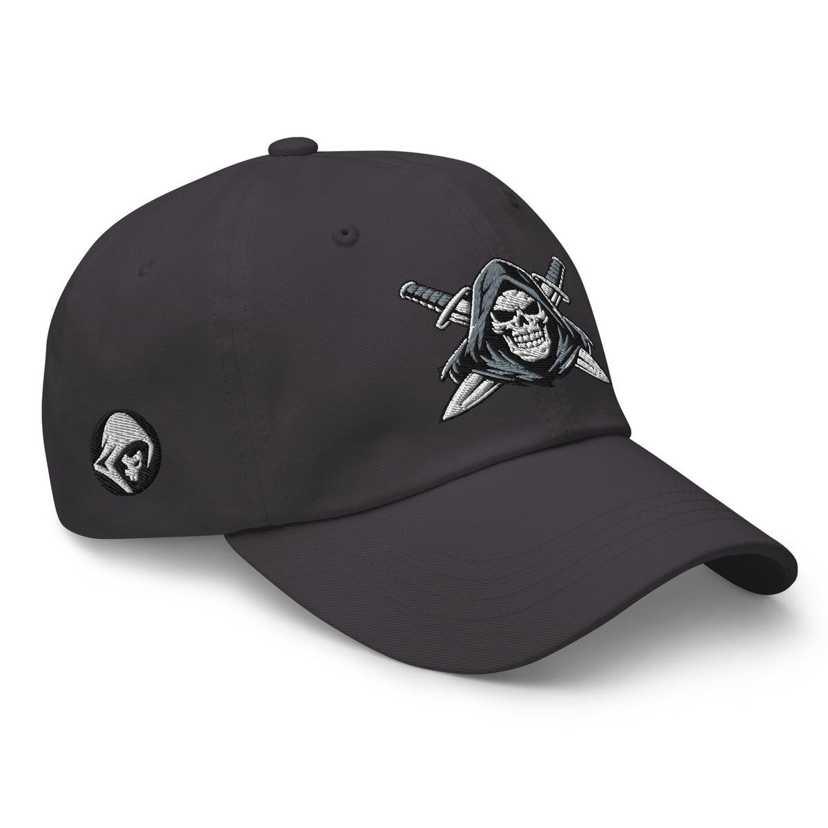 Dark Grey dad hat with embroidered Only Fear Infidel reaper design, right front view