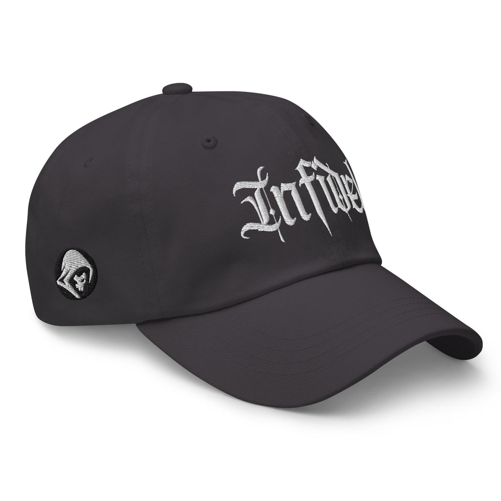 Dark Grey dad hat with embroidered Infidel Script design, right front view