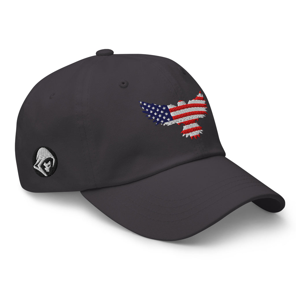 Dark Grey low-profile dad hat with embroidered Old Glory Eagle design, right front view