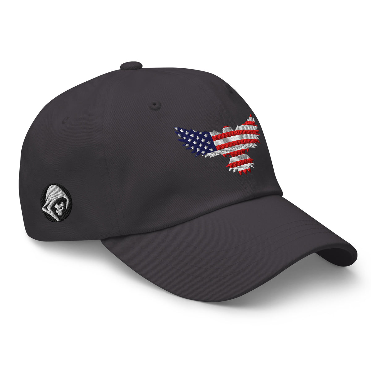 Dark Grey low-profile dad hat with embroidered Old Glory Eagle design, right front view