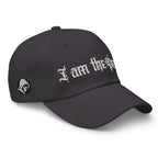 Dark Grey low-profile dad hat with embroidered I Am the People design, right front view