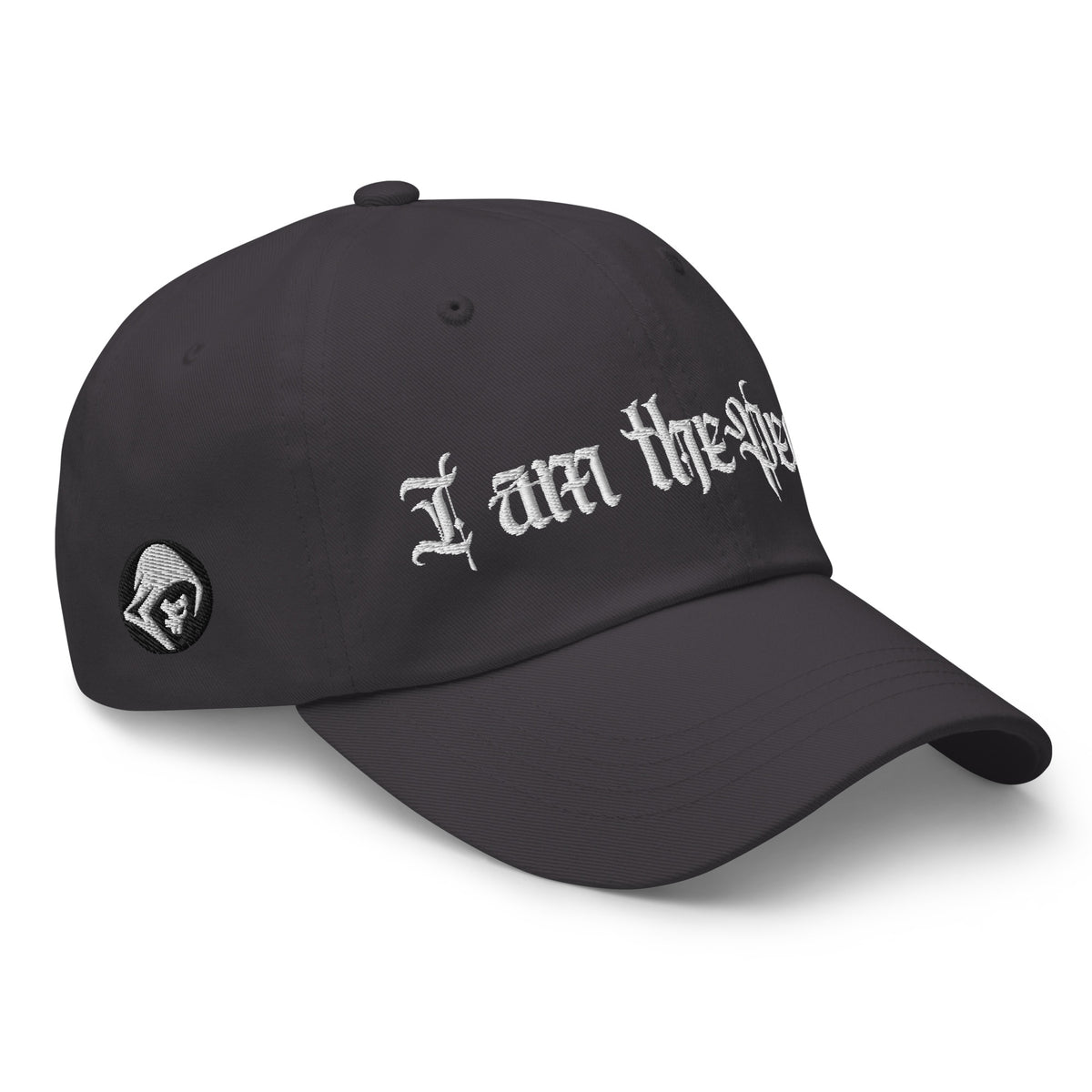 Dark Grey low-profile dad hat with embroidered I Am the People design, right front view