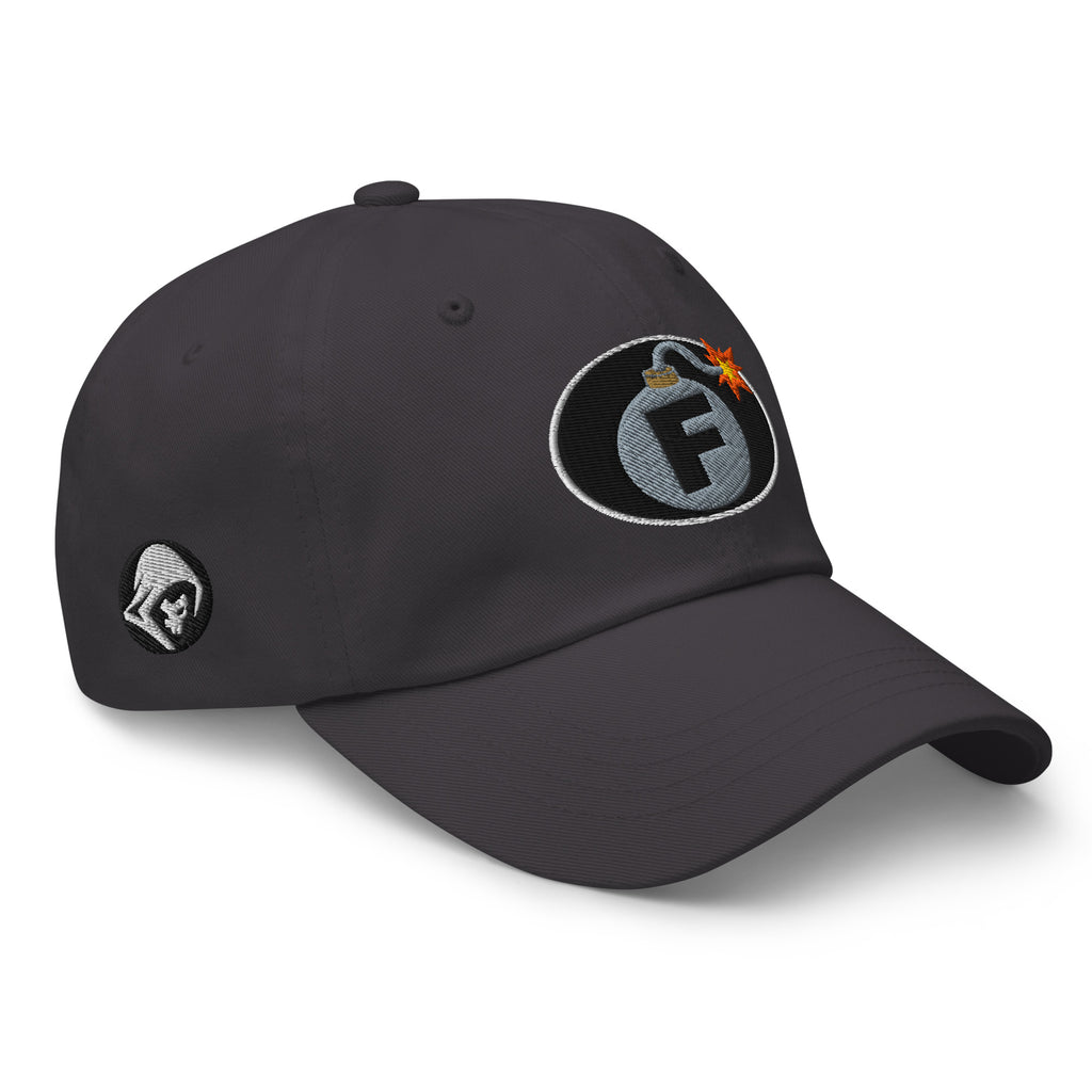 Dark Grey low-profile dad hat with embroidered F-Bomb design, right front view