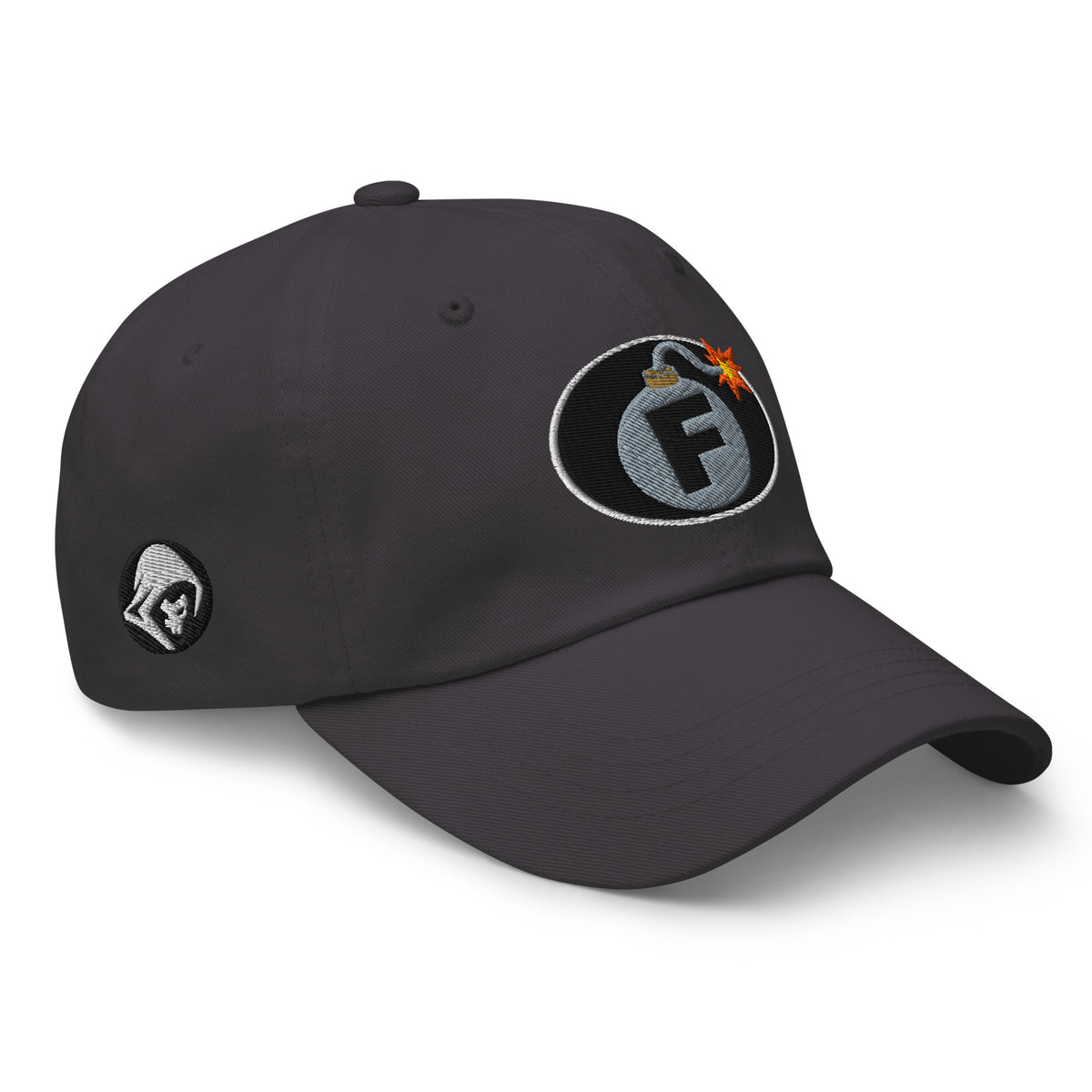 Dark Grey low-profile dad hat with embroidered F-Bomb design, right front view