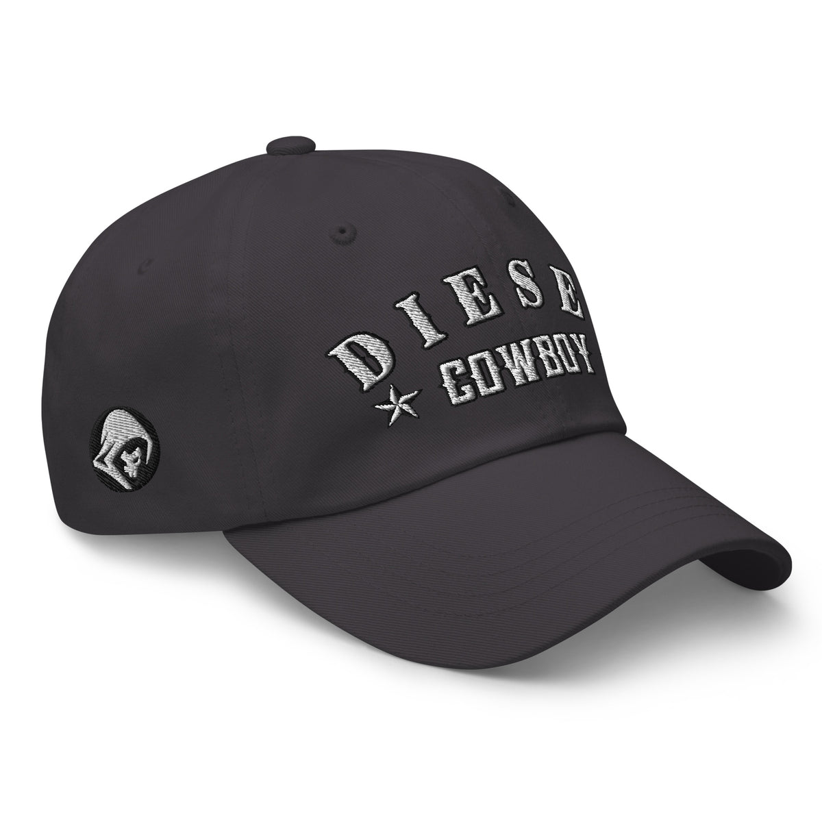 Dark Grey low-profile dad hat with embroidered Diesel Cowboy design, right front view