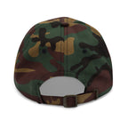 Green Camo dad hat with embroidered INFIDEL War Pig design, back view
